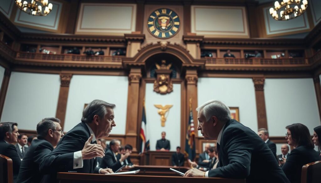 A high-stakes political debate on the topic of military conscription, taking place in a grand parliamentary chamber. The scene depicts a panel of distinguished political leaders passionately articulating their contrasting views, their gestures and expressions conveying the gravity of the issue. Soft, dramatic lighting illuminates the faces of the debaters, casting dramatic shadows that heighten the intensity of the moment. The camera angle captures the debate from a mid-level perspective, allowing the viewer to feel immersed in the weighty discourse. An air of seriousness and intellectual rigor permeates the scene, reflecting the significance of the topic and the high stakes of the political process.