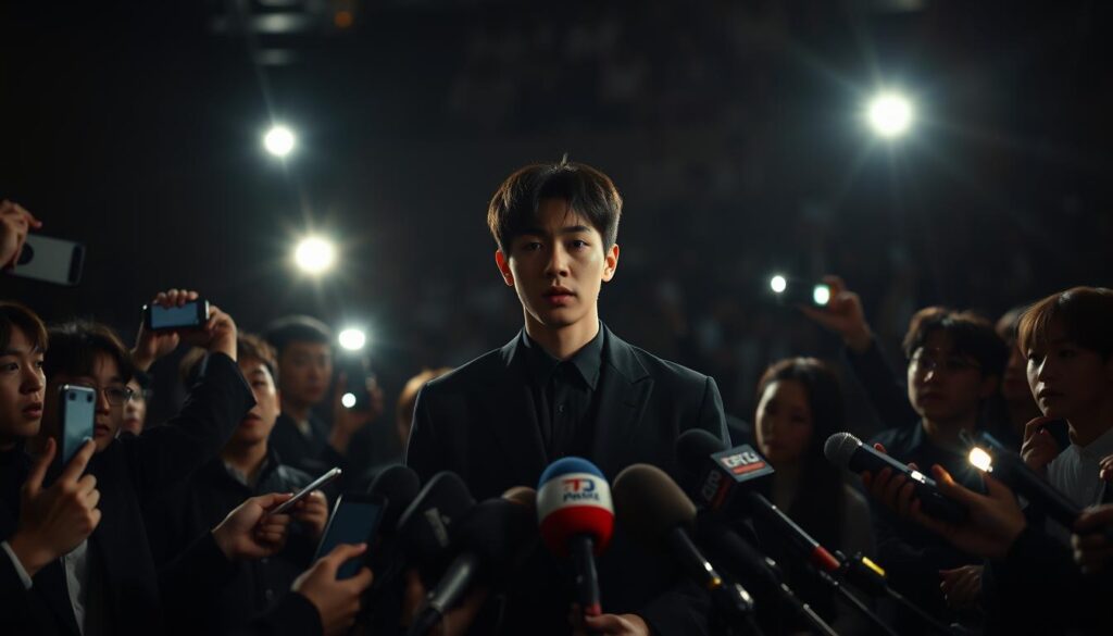 A high-stakes press conference unfolding in a dimly lit auditorium. Jin, the BTS member, stands at the center, his expression grave and defensive. Flashbulbs pop as reporters lean in, faces shadowed, probing for scandal. The stage is a battlefield, with Jin as the reluctant protagonist, surrounded by a haze of uncertainty and tension. Dramatic chiaroscuro lighting casts dramatic angles, emphasizing the gravity of the situation. The background is a blur of blurred faces and microphones, hinting at the swirling media circus. An air of unease and high drama permeates the scene, capturing the essence of the "Skandale um BTS-Mitglied Jin."