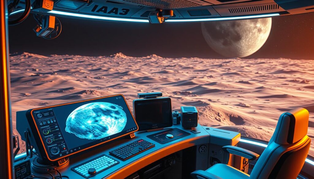 A high-tech control panel displays a holographic projection of the Moon's surface, showcasing the intricate process of Helium-3 extraction. Sleek, futuristic machinery surrounds the control station, indicating the sophisticated technology required for this lunar mining operation. The lighting is a blend of cool, blue tones and warm, amber hues, creating a visually striking and technologically advanced atmosphere. In the background, a panoramic view of the Moon's barren landscape sets the stage for this innovative application of Helium-3 in modern technology.