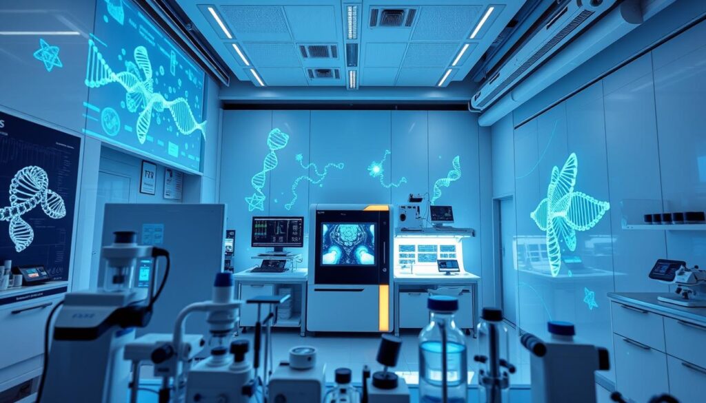 A high-tech laboratory interior with a central focus on a state-of-the-art DNA analysis workstation. The workstation features a sleek, modern design with a touch screen interface and a series of complex instrumentation, including a powerful DNA sequencing machine. Glowing data visualizations and molecular models are projected onto the walls, creating an atmosphere of cutting-edge scientific investigation. The lighting is a cool, bluish-white, illuminating the clean, sterile environment. In the foreground, scientific instruments and lab equipment are arranged neatly, hinting at the meticulous attention to detail required for this advanced DNA analysis technology, known as PEC MPS.