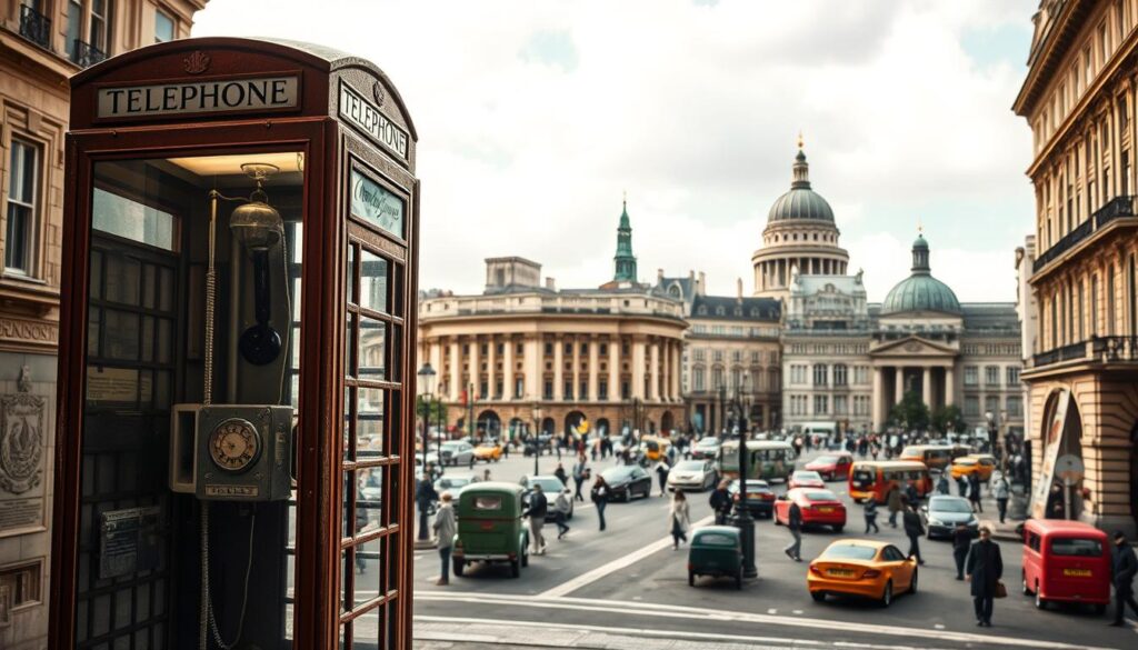 A historical journey through the evolution of the iconic telephone booth, set against a backdrop of vintage cityscapes and evolving architectural styles. In the foreground, a meticulously detailed telephone booth stands as a testament to its bygone era, with its glass panels, metal frame, and retro dial. The middle ground features a bustling urban environment, with pedestrians, vintage vehicles, and the gradual transformation of the cityscape over time. The background showcases the changing architectural landscapes, from the ornate, classical designs of the early 20th century to the more minimalist, modernist structures of the present day. The scene is illuminated by a warm, nostalgic lighting, capturing the timeless essence of the telephone booth's history and its enduring place in our collective memories.
