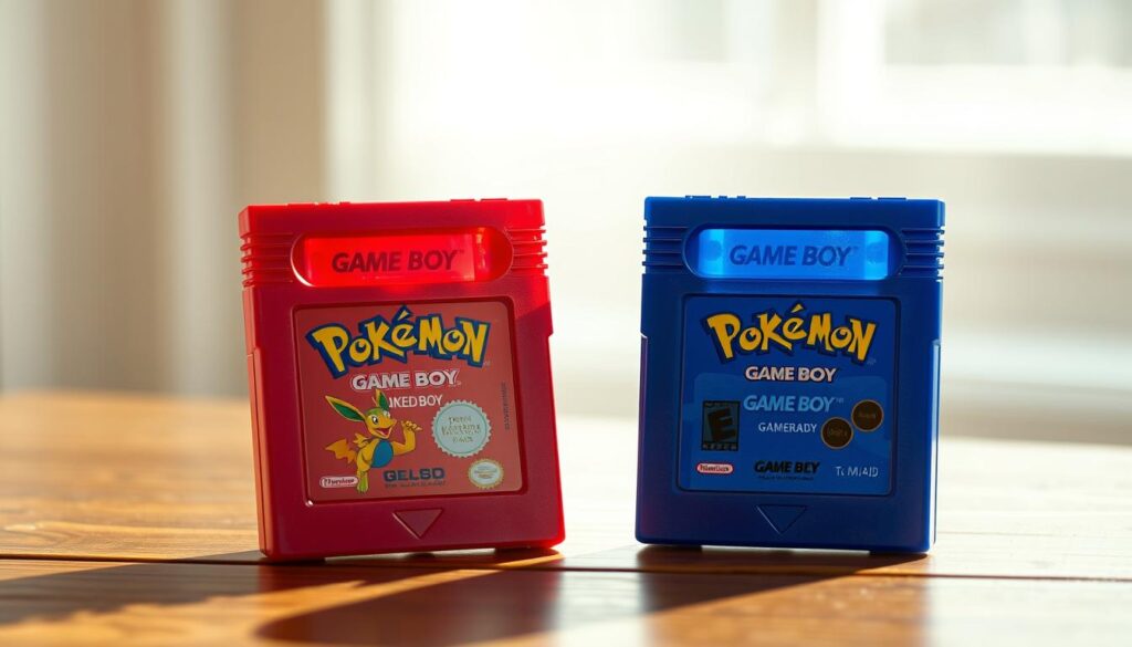 A hyper-realistic, high-resolution image of the iconic "Pokémon Red and Blue" game cartridges for the original Game Boy. The cartridges are displayed on a wooden surface, bathed in soft, natural lighting that accentuates their vivid colors and detailed textures. The Red cartridge gleams in a vibrant crimson hue, while the Blue cartridge shimmers in a deep, royal blue. The cartridges are positioned at a slight angle, creating a sense of depth and drawing the viewer's attention to the beautifully rendered Game Boy logo and "Pokémon" text. The background is hazy and blurred, allowing the game cartridges to take center stage as the focal point of the image, capturing the essence of a true gaming milestone.