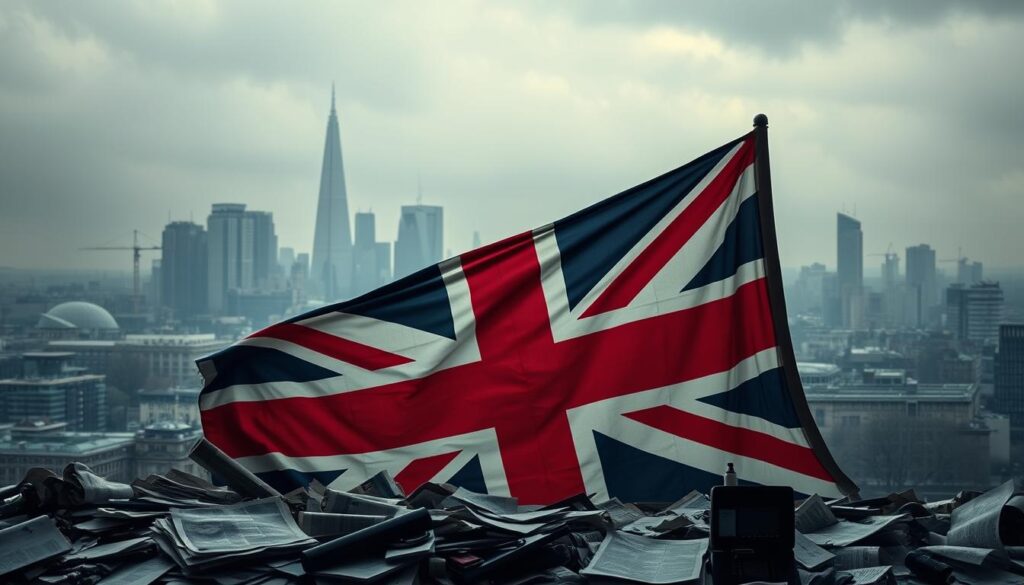 A large British flag, tattered and worn, dominates the center of the frame, casting a somber shadow over the scene. In the background, a gloomy cityscape of London's skyline, with cranes and construction sites hinting at economic stagnation. The foreground is cluttered with discarded newspapers, financial documents, and the occasional broken piece of office equipment, conveying a sense of disarray and uncertainty. The lighting is dim, creating a moody and foreboding atmosphere, as if the viewer is witnessing the aftermath of a financial crisis. The overall composition evokes a sense of economic turmoil and the challenges facing the new Labour government.