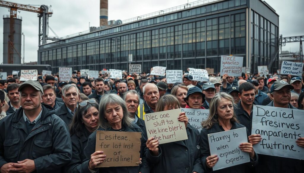 A large crowd of distraught factory workers, clad in work uniforms, gathered outside a steel and glass industrial complex. Their faces etched with worry and despair, they hold homemade signs expressing their fears about job losses and uncertain futures. The scene is bathed in a somber, overcast light, creating a palpable sense of tension and unease. In the background, the imposing facade of the factory looms, a silent witness to the workers' anguish. The composition emphasizes the human scale and emotion, drawing the viewer into the plight of the employees affected by the insolvency.