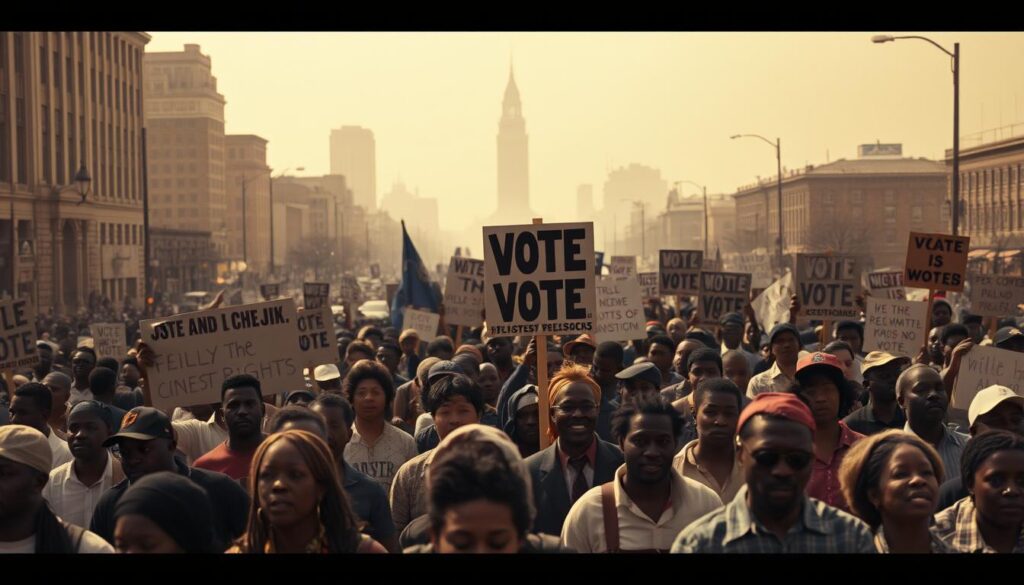 A large crowd of peaceful protesters marching through the streets of Selma, Alabama, waving banners and signs demanding the right to vote. The scene is captured in a dramatic, cinematic style, with dynamic angles and dramatic lighting that highlights the determination and resolve of the marchers. The background is a hazy, sepia-toned cityscape, conveying the historical significance of the event. The image is rich in detail, capturing the individual faces and expressions of the marchers, as well as the tension and energy of the moment. The overall mood is one of steadfast resolve and a sense of a pivotal moment in the ongoing struggle for civil rights.