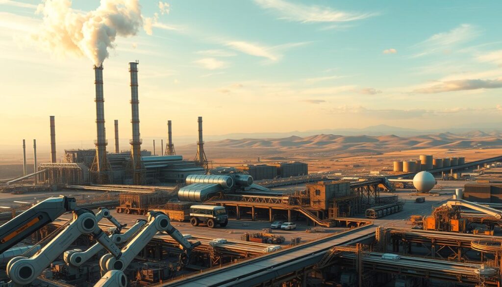 A large, futuristic factory complex with towering smokestacks, turbines, and gleaming metal structures. In the foreground, robotic arms and autonomous vehicles are assembling high-tech components. The middle ground features a network of conveyor belts and precision machinery, bathed in a warm, diffused lighting. In the background, a sprawling landscape of rolling hills and a vibrant, azure sky, creating a sense of scale and technological progress. The overall scene conveys a mood of innovation, efficiency, and the seamless integration of advanced production methods.