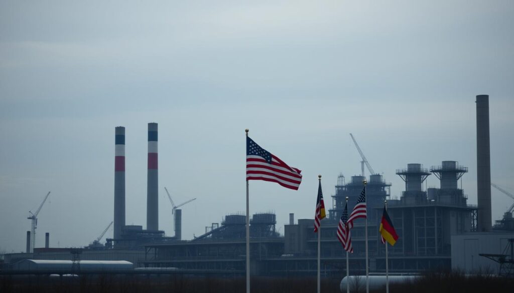 A large industrial complex, its towering smokestacks and machinery set against a subdued, overcast sky. In the foreground, a few lone American flags flutter half-heartedly, conveying a sense of reluctance and disinterest. The scene is devoid of bustling activity, with a palpable air of restraint and caution. The muted colors and austere architectural style suggest a German engineering aesthetic, at odds with the lack of investment and expansion. This is a portrait of German industry holding back, unwilling to fully embrace the American market in the face of uncertain political climate.