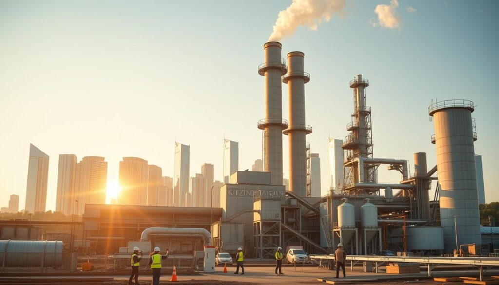 A large, modern cement factory stands prominently in the foreground, its towering smokestacks and sleek, angular architecture conveying a sense of innovation and technological advancement. In the middle ground, workers in hard hats and reflective vests move about, operating state-of-the-art machinery and monitoring the production process. The background features a skyline of gleaming skyscrapers, symbolizing the growth and development that the cement industry supports. Warm, golden lighting casts a glow over the scene, creating a feeling of progress and optimism. The overall composition suggests a future-focused, environmentally-conscious cement industry, poised to meet the demands of a rapidly urbanizing world.