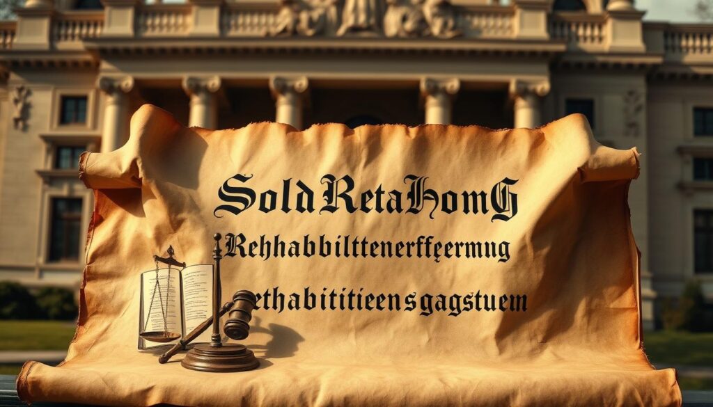 A large, ornate parchment document, aged and weathered, unfurled and displayed prominently in the foreground. The header reads "SoldRehaHomG Rehabilitierungsgesetz" in bold, calligraphic script. Surrounding the document are symbols of rehabilitation and restitution - an open law book, a gavel, and scales of justice, all rendered in a muted, sepia-toned palette that evokes a sense of historical significance. The background is a softly blurred scene of a government building, hinting at the institutional context. Warm, directional lighting casts shadows that accentuate the texture and details of the parchment, creating a sense of depth and gravitas.