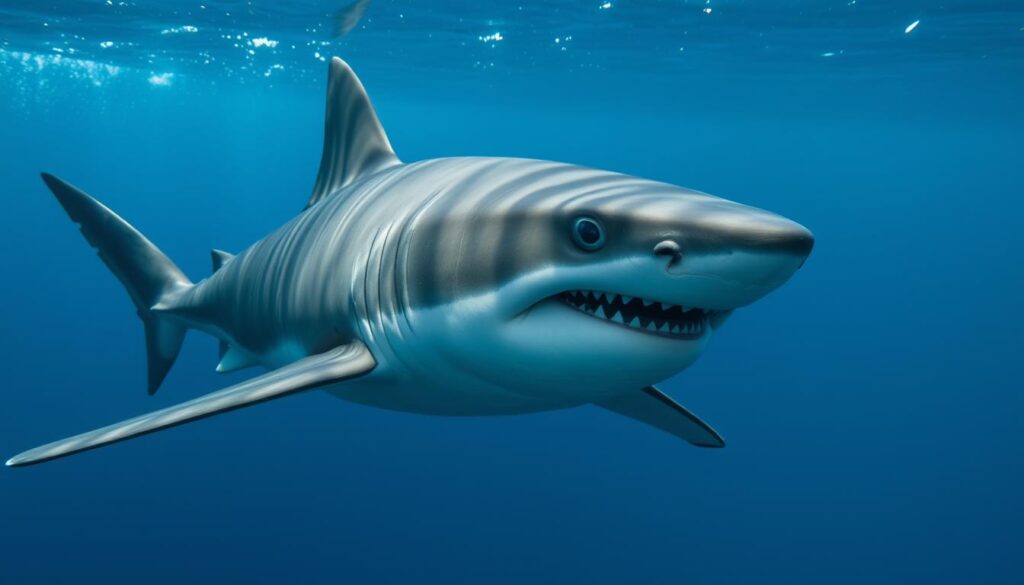 A large, powerful white shark glides effortlessly through the ocean depths, its sleek, muscular body cutting through the water with grace and precision. Its dark, beady eyes scan the surroundings, alert for any potential prey. In the foreground, the shark's distinctive triangular dorsal fin and rows of razor-sharp teeth are clearly visible, exuding a sense of raw, primal power. The middle ground depicts the shark's hunting behavior, as it stealthily approaches its target, utilizing its acute senses to pinpoint the perfect moment to strike. The background features a vast, blue expanse of the open ocean, hinting at the vast, untamed wilderness in which this apex predator reigns supreme. The lighting is natural and diffused, casting dramatic shadows that accentuate the shark's formidable features, creating an ominous and captivating atmosphere.