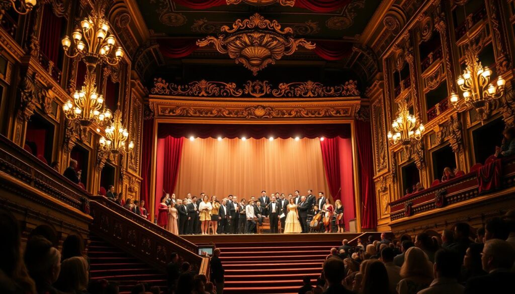 A lavish theater interior with ornate gilded decor and plush velvet curtains. In the foreground, a grand staircase leads up to a raised stage, where a talented ensemble of opera singers and musicians are engaged in a spirited performance of "Die Zauberflöte". Intricate lighting fixtures cast a warm, dramatic glow across the scene, highlighting the exquisite costumes and animated expressions of the performers. In the background, a lively audience watches with rapt attention, immersed in the captivating spectacle unfolding before them. The atmosphere is one of elegant sophistication and musical grandeur, perfectly capturing the essence of this iconic opera production.