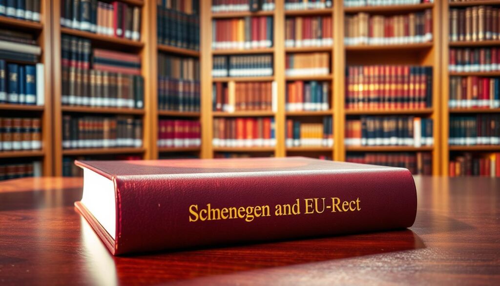A legal tome titled "Schengen-Kodex und EU-Recht" sits atop a polished mahogany desk, casting a warm glow under soft, diffuse lighting. The book's spine is emblazoned with gold lettering, conveying a sense of authority and significance. Behind the desk, a backdrop of floor-to-ceiling bookshelves filled with volumes of European legislation and policy creates an atmosphere of scholarly contemplation. The scene evokes a sense of the legal framework and official guidelines that govern the European Union, setting the stage for the "Rechtliche Rahmenbedingungen und EU-Vorgaben" section of the article.