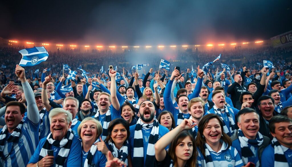 A lively, passionate crowd of TSV 1860 München fans gathered in a stadium setting, their faces alight with a mix of excitement, joy, and apprehension. In the foreground, a sea of blue and white jerseys, scarves, and flags wave enthusiastically as fans cheer and celebrate, their expressions conveying a range of emotions from elation to concern. In the middle ground, the stadium's grandstands are filled with a sea of supporters, their collective energy palpable. The background is hazy, with the stadium's floodlights casting a warm glow over the scene, creating a sense of drama and intensity. The overall atmosphere is one of passionate, engaged fandom, reflecting the high stakes and emotional reactions surrounding the recent events at TSV 1860 München.