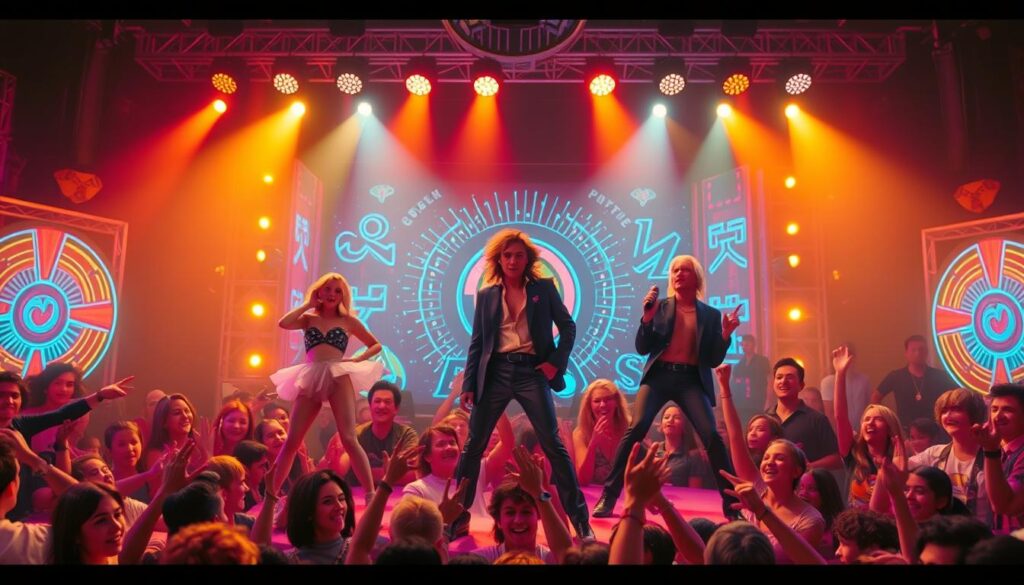 A lively scene of iconic 1980s music videos, captured with a cinematic lens. In the foreground, larger-than-life pop stars perform on a vibrant stage, their charismatic movements and stylized costumes commanding attention. The middle ground features a swirling crowd of enthusiastic fans, their faces alight with wonder and excitement. In the background, a kaleidoscope of neon lights, bold graphics, and retro-futuristic set designs evoke the distinctive aesthetic of the era. Warm, saturated tones and dramatic chiaroscuro lighting create a nostalgic, celebratory atmosphere, transporting the viewer back to the golden age of music television.