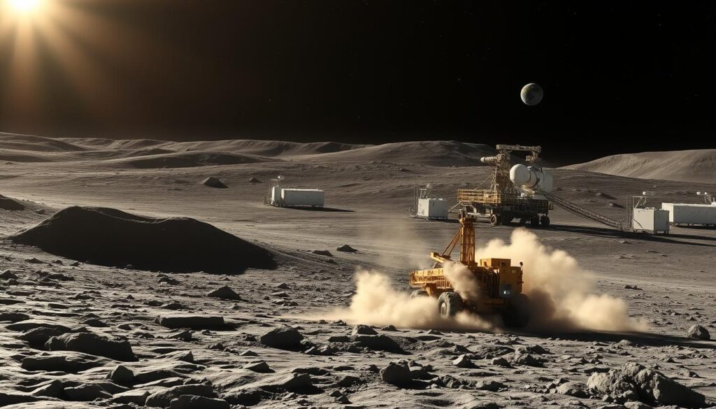 A lunar surface with a rugged, cratered landscape, bathed in the harsh, directional light of the sun. In the foreground, a specialized mining vehicle with robotic arms and drill bits, navigating the challenging terrain. Clouds of regolith dust swirl around the machine as it extracts precious Helium-3 from the lunar soil. In the middle ground, a series of modular habitats and support structures, connected by a network of cables and pipes, providing the infrastructure for this complex, off-world mining operation. The background is dominated by the vast, inky blackness of space, punctuated by the distant stars and the looming presence of Earth, a fragile, blue-green orb on the horizon. The overall scene conveys the technological ingenuity, resourcefulness, and the immense logistical challenges of extracting this valuable resource from the lunar surface.