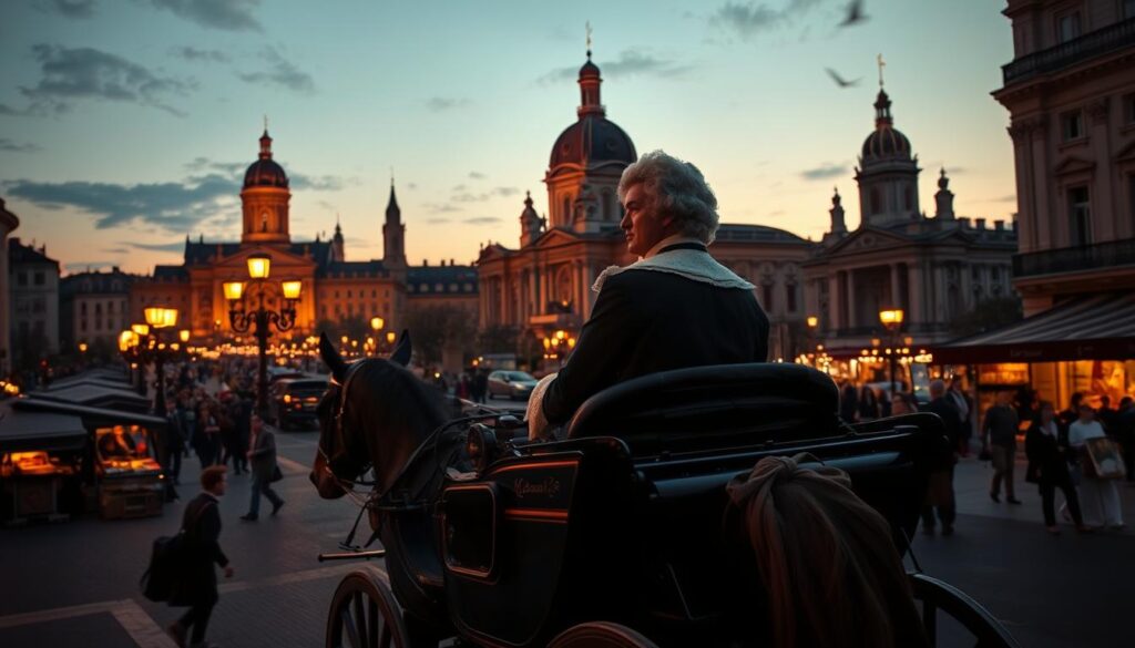 A lush, European landscape at dusk. In the foreground, a horse-drawn carriage carrying a well-dressed, powdered-wigged figure - Wolfgang Amadeus Mozart, the renowned composer, embarking on one of his many travels across the continent. The carriage is illuminated by flickering gas lamps, casting a warm, golden glow. In the middle ground, a bustling city street with cafes, pedestrians, and street vendors. In the background, the silhouettes of grand, ornate buildings and churches, hinting at the cultural and intellectual centers Mozart would visit. The scene conveys a sense of motion, adventure, and the cosmopolitan lifestyle of this 18th-century musical superstar.