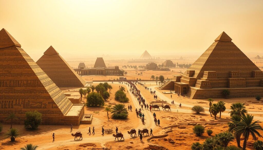 A lush, ancient landscape spanning the fertile lands between the Nile and Tigris-Euphrates rivers. In the foreground, towering pyramids and stepped temples rise majestically, their weathered limestone facades glowing under a warm, golden sun. Intricate hieroglyphic carvings adorn their surfaces, hinting at the rich cultural exchange between the two civilizations. In the middle ground, caravans of traders traverse dusty pathways, carrying exotic goods and ideas across the vast desert expanse. In the distance, the silhouettes of Mesopotamian ziggurats pierce the hazy horizon, their stepped profiles mirroring the iconic Egyptian architecture. The scene radiates a sense of timeless interconnectedness, where the legacies of Pharaohs and Sumerian kings converge, forging the foundations of human history.