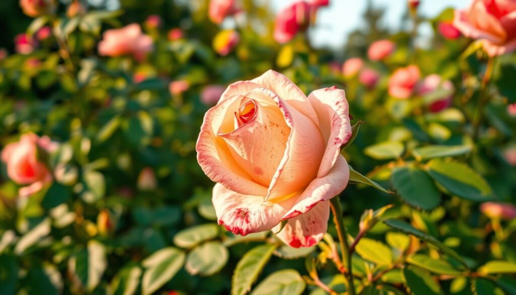 A lush, blooming rose garden in the summer sun, with a close-up view of a single rose plant. The leaves and stems appear slightly wilted and discolored, indicating a fungal or pest infestation. The petals have a sickly, mottled appearance, with spots and discoloration. The background is softly blurred, allowing the viewer to focus on the unhealthy rose. Warm, golden lighting filters through the leaves, casting subtle shadows. The overall mood is one of concern and the need for preventative care, reflecting the article's focus on disease prevention after pruning roses.