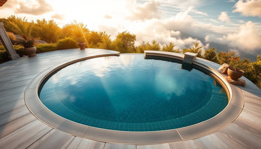 A lush, circular pool surrounded by a stylish, minimalist pool coping made of smooth, gray concrete. The coping gently curves around the pool's edge, creating a seamless, organic transition between the water and the surrounding patio. Warm, golden sunlight filters through wispy clouds, casting a soft, tranquil glow over the scene. Elegant potted plants and natural stone accents line the pool's perimeter, adding a touch of natural elegance. The entire setup exudes a sense of sophisticated, yet relaxed, backyard oasis. Captured from a slightly elevated, wide-angle perspective to showcase the circular design and harmonious integration with the surrounding landscape.