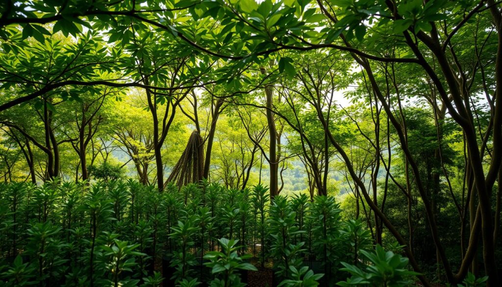 A lush, dense forest canopy composed of diverse native tree species, with sunlight filtering through the leaves. In the foreground, a tightly spaced arrangement of young saplings and seedlings, mimicking the high-density planting of the Miyawaki method. The middle ground reveals a mix of evergreen and deciduous trees, their trunks and branches intertwined, creating a visually striking pattern. The background features a tranquil, out-of-focus landscape, hinting at the natural setting in which this dense forest ecosystem thrives. The lighting is soft and diffused, evoking a sense of harmony and balance. The overall scene conveys the regenerative power and dense, lush nature of the Miyawaki-inspired "Tiny Forest" concept.