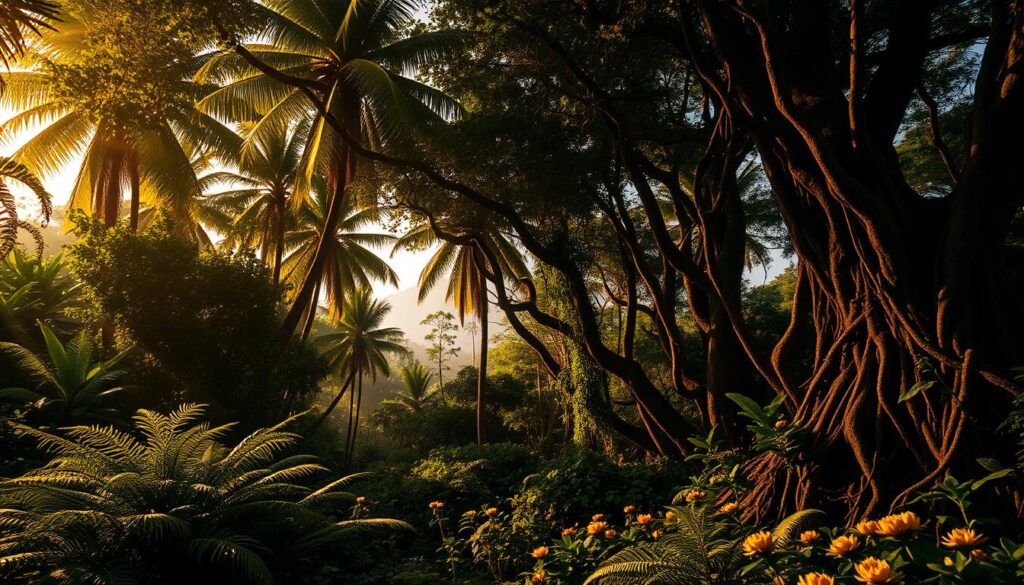 A lush, dense jungle canopy casts dappled shadows on the earthy undergrowth below. Towering palm trees and ancient vines create a verdant, primeval atmosphere. Beams of warm, golden light filter through the foliage, illuminating the rugged, twisted tree trunks and tangled roots. In the foreground, dense ferns and exotic flowers bloom, while the middle ground is filled with a tangle of vegetation. In the distance, a vague outline of mountains can be seen through the mist. The scene conveys a sense of timelessness and the persistent, untamed power of nature, evoking the challenging conditions a lone soldier would have faced in this remote, untamed landscape.