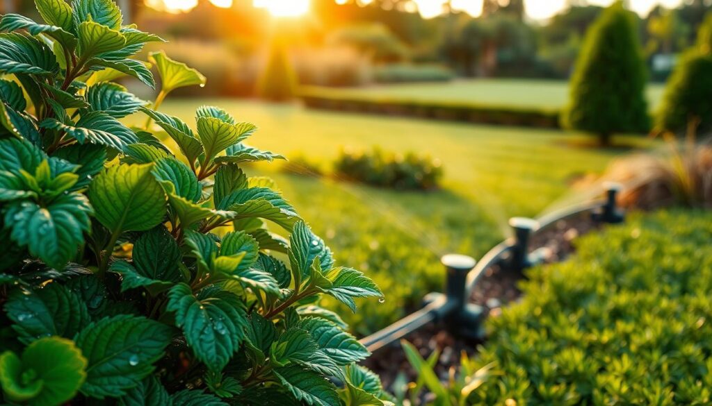 A lush garden scene with a focus on optimal irrigation to prevent waterlogging. In the foreground, a close-up view of healthy, vibrant plants with glistening water droplets on their leaves, conveying the idea of adequate yet not excessive moisture. The middle ground features a well-designed irrigation system, such as a network of strategically placed drip lines or sprinklers, ensuring an even distribution of water. In the background, a verdant landscape with a neatly manicured lawn and trees, bathed in warm, golden-hour lighting that creates a tranquil, serene atmosphere. The overall composition emphasizes the importance of balancing water supply to create a thriving, healthy garden environment.