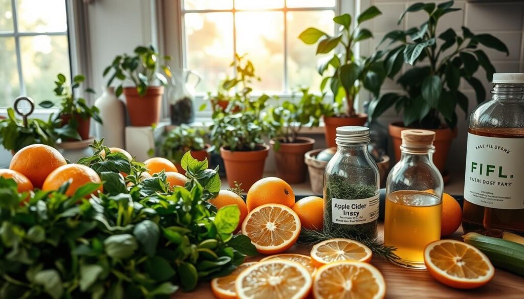 A lush kitchen counter, overflowing with fresh produce and natural deterrents against fruit flies. In the foreground, an array of citrus slices, fragrant herbs, and apple cider vinegar-filled traps. The middle ground features a variety of potted plants, their leaves gently swaying in the soft, natural lighting. In the background, a window overlooking a serene garden, the warm glow of the afternoon sun filtering through. The scene exudes a sense of rustic simplicity and eco-friendly solutions, perfectly capturing the essence of "Natürliche Abwehrmittel gegen Fruchtfliegen".