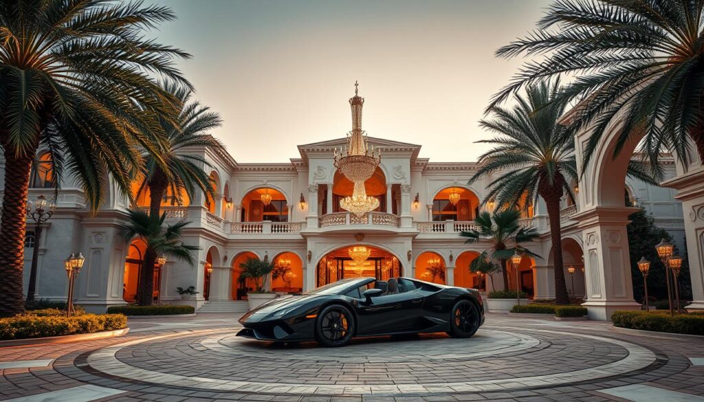 A lush, opulent villa nestled in the heart of Dubai's glittering skyline. The exterior features gleaming white marble, intricate arabesque patterns, and towering palm trees swaying in the warm breeze. Through grand, ornate arches, glimpse a palatial interior adorned with gilded accents, plush velvet furnishings, and a magnificent crystal chandelier casting a warm glow. In the foreground, a sleek, luxury sports car sits parked on the circular driveway, a symbol of Callum Izzard's affluent lifestyle. The scene is bathed in the golden light of a desert sunset, creating a dreamlike, opulent atmosphere that captures the essence of Callum Izzard's lavish life in Dubai.