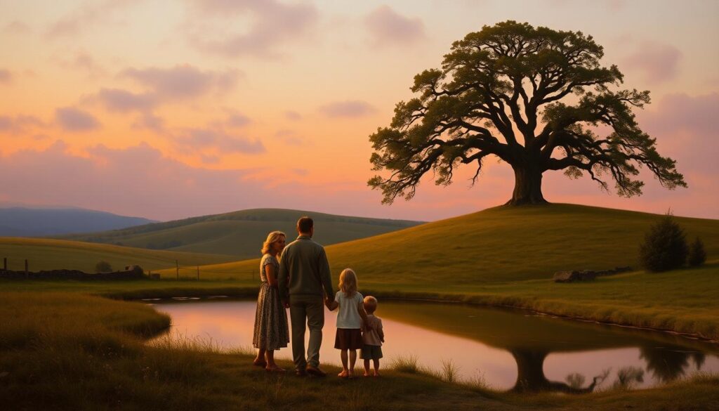 A lush, romantic landscape painted in the style of Caspar David Friedrich. In the foreground, a family of five - a mother, father, and three children - stand together, their forms softly illuminated by the warm, golden light of the setting sun. The middle ground features a tranquil pond, its surface reflecting the scene above. In the background, a rolling hill is crowned with a lone, majestic oak tree, its branches reaching up towards a dusky, violet sky. The overall atmosphere is one of contemplation and a timeless connection to the natural world, evoking the sense of the stages of life and the enduring bonds of family.