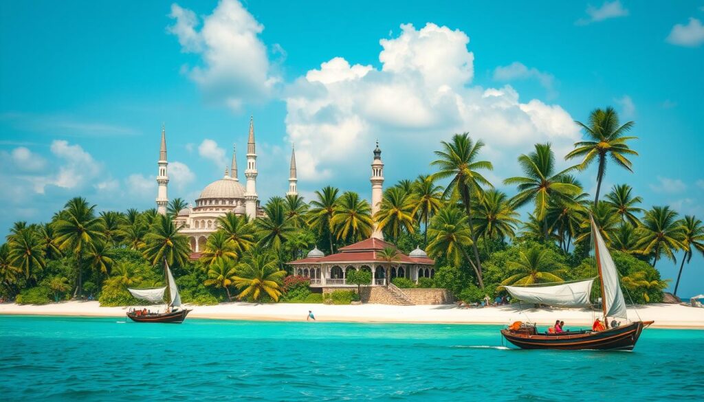 A lush, tropical island paradise in the Indian Ocean, Insel Sansibar in the 19th century. Verdant palm trees sway gently in the warm breeze, casting dappled shadows on the pristine white-sand beaches. Dhows with billowing sails glide across the turquoise waters, while ornate Sultan's palaces and ornamental mosques rise majestically against a clear azure sky. The air is rich with the scents of spices and exotic flora, evoking the island's vibrant cultural heritage. A serene, timeless scene that captures the historical essence of Sansibar before the pivotal Anglo-Zanzibar War.