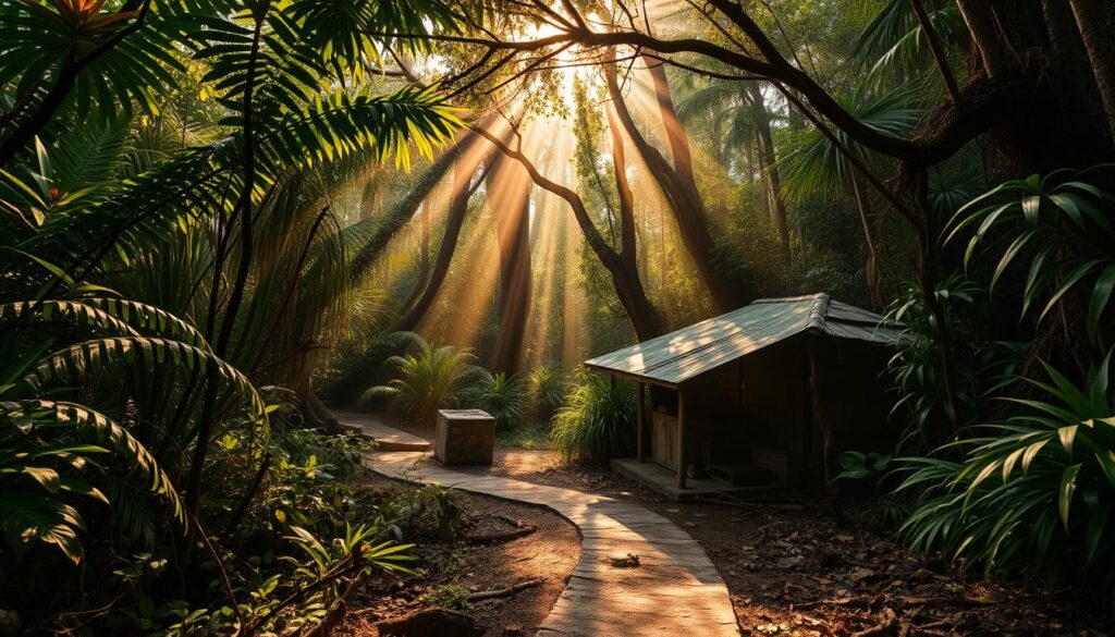 A lush, tropical jungle on the Philippine island of Insel Lubang, where the former Japanese soldier Hiroo Onoda remained hidden for nearly three decades, faithfully carrying out his last orders. The dense foliage and tangled vines create a sense of isolation, while a rugged, weathered path winds through the undergrowth, hinting at Onoda's determined, solitary existence. Rays of warm, golden light filter through the canopy, illuminating his camouflaged shelter and the relics of his long-forgotten war. The scene conveys a profound, unwavering sense of duty and a man who, despite the passage of time, remained steadfast in his commitment to a cause that had long since been forgotten by the world.