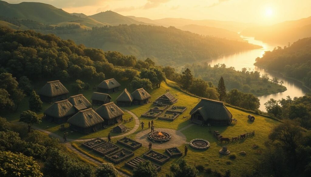 A lush, verdant Neolithic settlement nestled amidst rolling hills and dense forests. In the foreground, a cluster of sturdy, thatched-roof longhouses surrounded by small gardens and livestock pens. Figures in simple, earthy garments tend to their daily tasks, showcasing the self-sufficient, agrarian lifestyle of this early farming community. The middle ground features a central gathering area, with a fire pit and primitive tools and pottery. In the background, a gently meandering river reflects the warm, golden light of the setting sun, casting a serene, timeless ambiance over the entire scene. Crisp, realistic details with a painterly, muted color palette evoke the tranquil, rustic atmosphere of this revolutionary era in human history.
