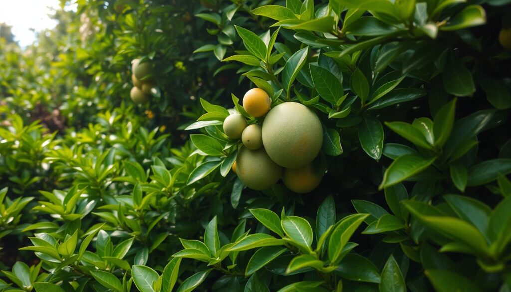 A lush, verdant field of vibrant green foliage, with clusters of large, spherical fruit emerging from the leaves. The fruit appears slightly mottled, hinting at a transition from its original green hue towards a warmer, more orange-tinged coloration. Soft, diffused sunlight filters through the canopy, casting gentle shadows and highlights that accentuate the texture and depth of the scene. The overall atmosphere is one of natural wonder and the gradual transformation of nature, inviting the viewer to contemplate the origins and evolution of this familiar citrus fruit.