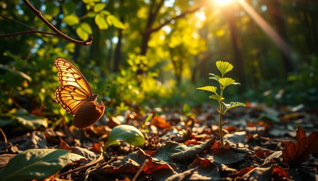 A lush, verdant garden scene bathed in warm, golden light. In the foreground, a delicate butterfly emerges from a cracked cocoon, symbolizing the transformative power of failure. In the middle ground, a young sapling sprouts amidst the fallen leaves and debris of past growth, its vibrant green leaves reaching towards the sky. In the background, a dense forest canopy filters the sunlight, casting a serene, contemplative atmosphere. The overall scene conveys the idea that "Scheitern als Wachstumschance" - failure as an opportunity for growth - through the natural cycle of life, death, and rebirth.