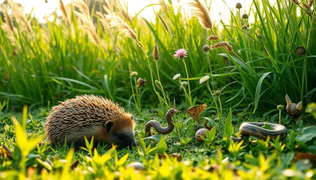 A lush, verdant garden scene, with natural predators of snails thriving in the foreground. In the center, a healthy-looking hedgehog forages, its spiny back catching the warm, golden light. Nearby, a sleek, alert garden snake coils, ready to strike. In the background, a dense thicket of tall grasses and wildflowers sways gently in a soft breeze, creating a sense of tranquility and balance. The overall mood is one of harmony, where the delicate ecosystem works to maintain a natural equilibrium, with these predators playing a vital role in controlling the snail population.