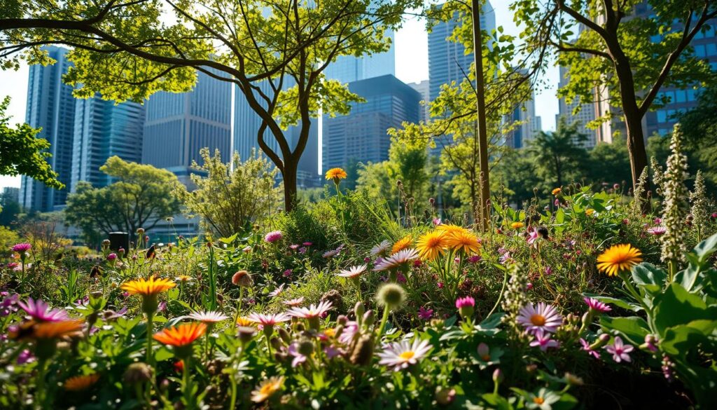 A lush, verdant miniature forest thrives within an urban setting. In the foreground, diverse flora and fauna coexist in a harmonious microcosm - vibrant wildflowers, buzzing pollinators, and scurrying small creatures. The middle ground showcases a variety of native trees and shrubs, their canopies casting dappled sunlight upon the scene. In the background, the towering skyscrapers of the city skyline provide a striking contrast, highlighting the ecological oasis within. Soft, warm lighting illuminates the intricate details, creating a sense of tranquility and balance between the built environment and the natural world. This visually captivating "Tiny Forest" embodies the remarkable ecological benefits that urban mini-ecosystems can provide.
