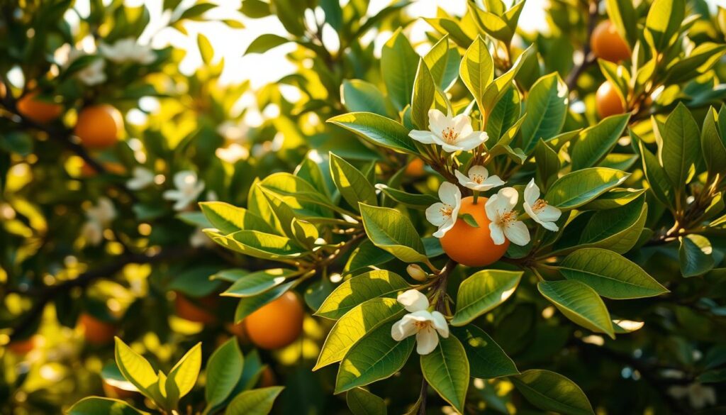 A lush, vibrant Orangenbaum (orange tree) in full bloom, its glossy green leaves and delicate white flowers contrasting against a soft, hazy background. The tree is bathed in warm, golden sunlight, casting gentle shadows across the scene. The composition features a close-up view, emphasizing the intricate details of the plant's biology - the segmented leaves, the dimpled fruit just starting to form, the delicate stamens and pistils of the blossoms. The overall mood is one of natural serenity and botanical wonder, inviting the viewer to appreciate the fascinating inner workings of this iconic citrus species.