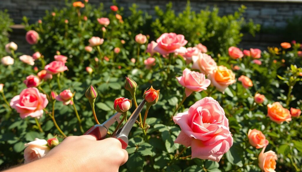 A lush, vibrant rose garden in warm afternoon sunlight. In the foreground, a gardener's hands carefully snipping off spent blooms from an everflowering rose bush, revealing the fresh, budding flowers beneath. The middle ground shows a variety of rose cultivars in bloom, their petals gently swaying in a light breeze. In the background, a stone wall is partially obscured by the verdant foliage, creating a sense of depth and enclosure. The overall scene conveys a tranquil, timeless quality, inviting the viewer to pause and appreciate the beauty of these resilient, repeatedly flowering roses.