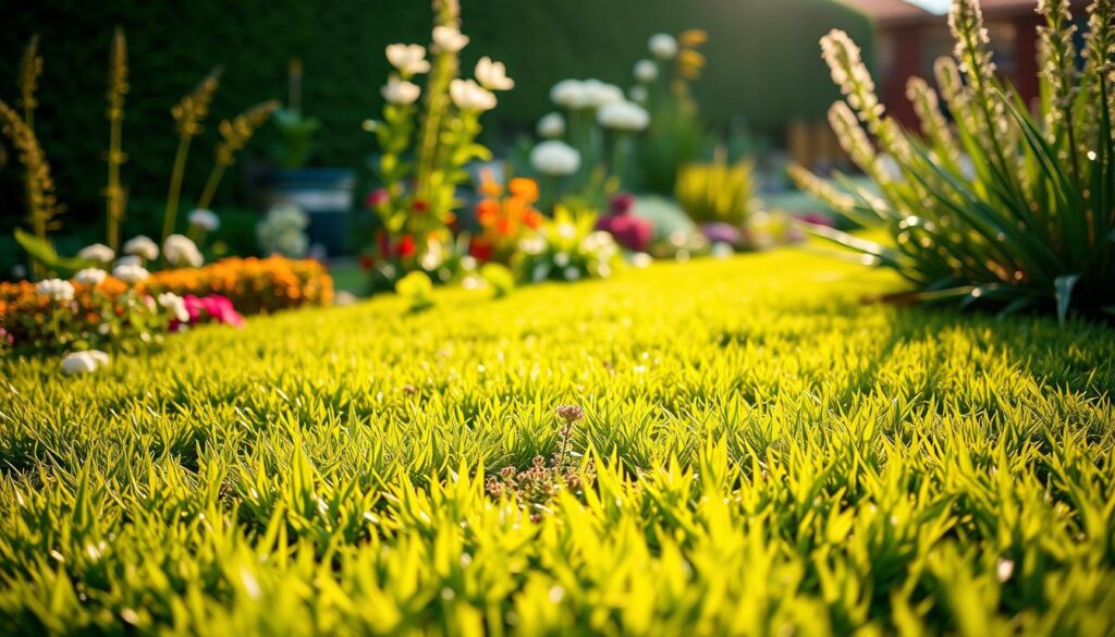 A lush, well-manicured garden with a focus on long-term moss prevention. In the foreground, a close-up view of vibrant, verdant grass interspersed with healthy, thriving plants. The middle ground showcases a variety of flowers and foliage, their colors and textures creating a visually captivating scene. In the background, a glimpse of a neatly trimmed hedge or border, hinting at the overall meticulous care and attention given to this garden. Warm, golden sunlight filters through, casting a soft, inviting glow and emphasizing the garden's flourishing, moss-free state. The image conveys a sense of tranquility, order, and the rewards of long-term, dedicated gardening practices.