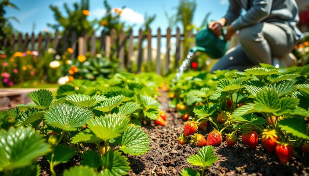 A lush, well-tended strawberry patch in a sun-dappled garden. In the foreground, verdant strawberry plants with bright green foliage and plump, ripe berries peek out. The middle ground shows a gardener, kneeling on the soil, carefully tending to the plants, watering them with a gentle stream from a watering can. The background reveals a tranquil scene of a rustic wooden fence, surrounded by blooming flowers and a clear blue sky overhead, casting a warm, natural light across the entire composition. The overall atmosphere conveys a sense of diligent care and nurturing, perfectly capturing the essence of "Pflege von Erdbeerpflanzen" after planting.