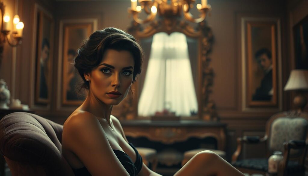 A luxurious bedroom interior, bathed in warm, intimate lighting. In the foreground, a beautiful, enigmatic woman with striking features and a captivating gaze - Emmy Russ. She sits pensively on a plush, velvet armchair, her expression hinting at the turbulent romances and scandals that have marked her life. In the middle ground, a large, ornate mirror reflects the scene, adding a sense of depth and introspection. The background is softly blurred, creating a dreamlike atmosphere that heightens the drama and emotional intensity of the moment. Elegant, vintage-inspired decor and furniture evoke a sense of timeless sophistication, complementing the subject's alluring and mysterious persona.