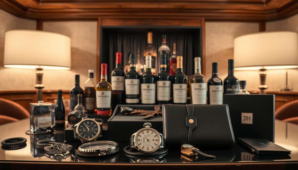 A luxurious display of exclusive gifts for Ralf Schumacher's 50th birthday, curated with Étienne's impeccable taste. In the foreground, a meticulously arranged ensemble of high-end accessories, from a gleaming vintage timepiece to a sleek leather portfolio. The middle ground showcases a selection of fine wines and spirits, their labels hinting at the exceptional vintages within. Subtly illuminated by warm, directional lighting, the scene exudes an air of refined elegance, befitting the prestigious occasion. In the background, a backdrop of rich, textured fabrics and elegant woodwork creates a sophisticated, understated ambiance, elevating the entire display to a level of unparalleled exclusivity.