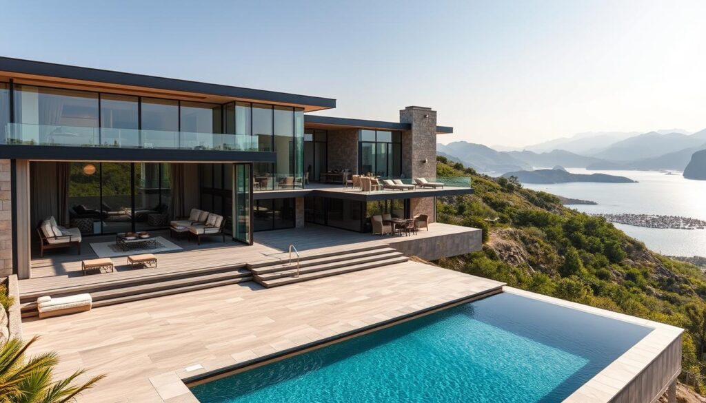 A luxurious modern villa set against a backdrop of rolling hills and a serene lake. The grand residence features sleek glass and stone architecture, with a spacious terrace overlooking the picturesque landscape. The interior is filled with elegant furnishings and high-end decor, exuding an air of sophisticated opulence. A swimming pool glistens in the warm sunlight, surrounded by lush greenery. This image captures the essence of Marisa Lewe's lavish lifestyle and substantial wealth, reflecting her status as a successful businesswoman and public figure.