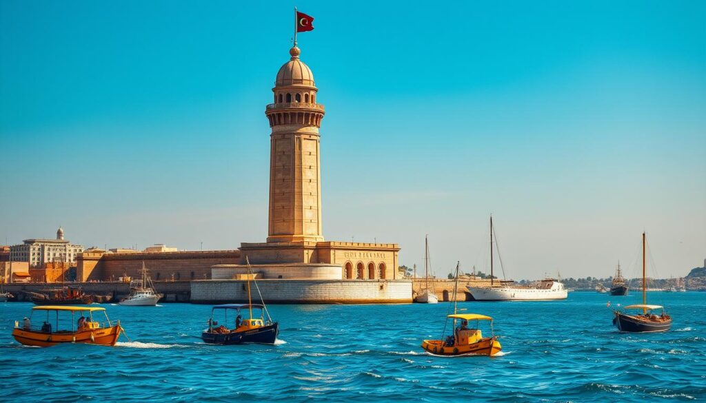 A majestic lighthouse stands tall against the backdrop of a clear, azure sky. The Pharos of Alexandria, one of the Seven Wonders of the Ancient World, looms over the bustling harbor, its towering structure adorned with intricate carvings and shimmering white marble. The sun's golden rays illuminate the edifice, casting dramatic shadows that accentuate its architectural grandeur. In the foreground, fishing boats and merchant ships dot the sparkling Mediterranean waters, their crews navigating the seas with the aid of the lighthouse's powerful beacon. The scene exudes a sense of historical significance and the ingenuity of ancient engineering, perfectly capturing the essence of this iconic wonder of the ancient world.
