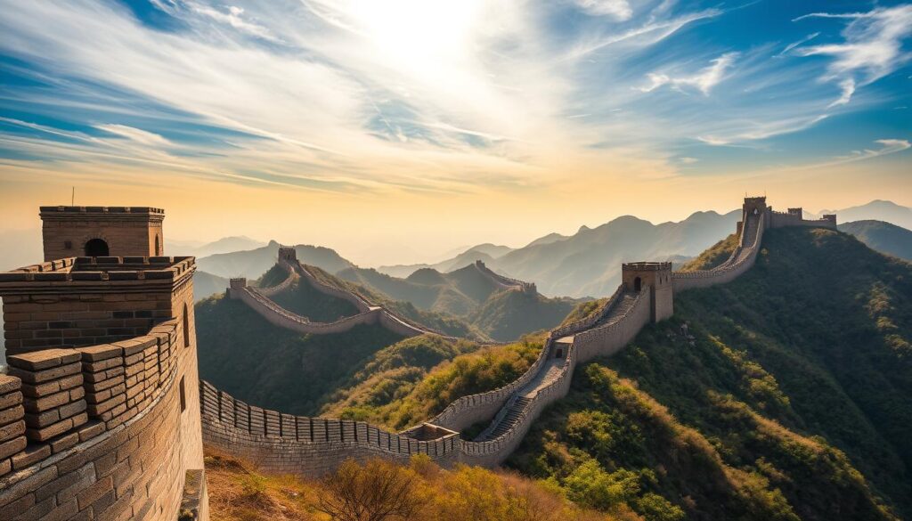 A majestic panorama of the Great Wall of China, its weathered stone ramparts snaking across a mountainous landscape. In the foreground, ancient watchtowers stand guard, their shadows stretching long across the rugged terrain. The middle ground reveals the wall's winding path, cutting through lush forests and rocky peaks, a testament to the immense engineering feats of bygone eras. The background is dominated by a dramatic sky, with wispy clouds and golden rays of sunlight illuminating the scene, lending an air of timeless grandeur. The overall composition conveys the scale, history, and enduring legacy of this iconic Chinese landmark.
