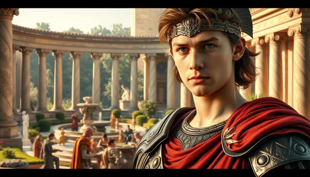 A majestic portrait of Alexander the Great in his youth, set against a grand, classical backdrop. In the foreground, the young conqueror stands tall and proud, his piercing gaze and chiseled features exuding an aura of confidence and determination. Intricate details of his armor and regalia, crafted with the finest materials, capture the opulence of his early reign. In the middle ground, a scene of his educational pursuits unfolds, with scholars and tutors engaged in lively discourse, surrounded by scrolls and tomes. The lighting is warm and soft, lending an air of contemplation and intellectual stimulation to the setting. The background showcases the grandeur of ancient Macedonia, with towering marble columns, ornate fountains, and lush, verdant gardens. The composition is balanced and harmonious, creating a sense of timeless elegance and the enduring legacy of this legendary figure.
