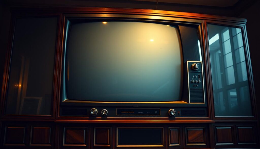 A massive, hulking tube television set dominates the frame, its imposing presence commanding attention. The screen is a vast expanse of glass, the curved surface reflecting the surrounding environment. The cabinet is made of sturdy, dark wood, its edges sharp and angular, exuding a sense of solidity and permanence. Intricate dials and buttons adorn the front panel, hinting at the complex inner workings of this technological behemoth. The lighting is dramatic, with a warm, golden glow emanating from the screen, casting shadows that accentuate the television's massive proportions. The background is slightly out of focus, allowing the viewer to focus solely on the sheer size and scale of this iconic, bygone era of television technology.