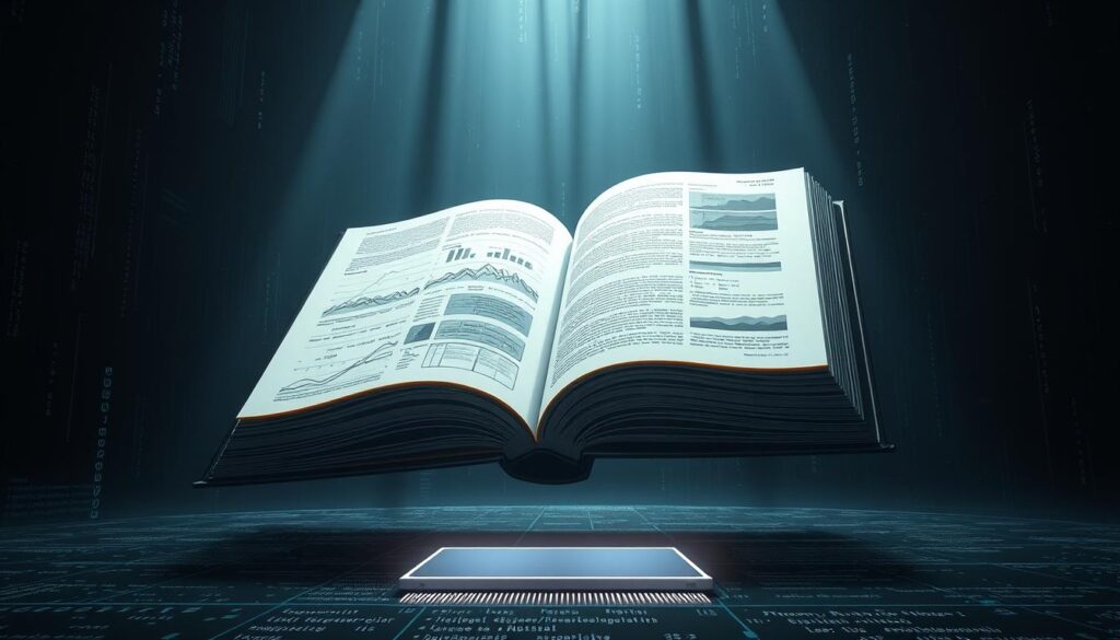 A massive open book floating in a dimly lit, digital landscape. The pages are filled with abstract data visualizations, from complex graphs and charts to swirling code snippets. Beams of light emanate from the book, illuminating the surrounding environment which is characterized by a sense of depth and three-dimensionality. In the foreground, a sleek, minimalist digital interface hovers, conveying the modern, technological nature of this digital lexicon. The overall atmosphere is one of both wonder and contemplation, as the viewer is invited to consider the challenges and opportunities of accessing knowledge in the digital age.