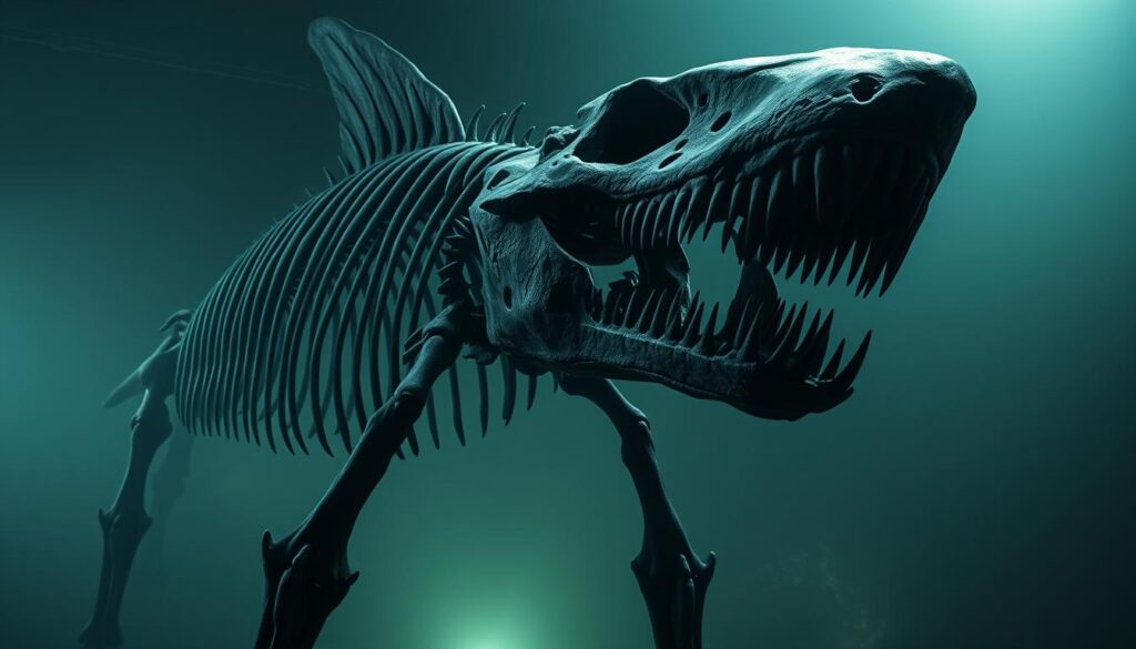 A massive, prehistoric Megalodon shark skeleton, its immense jaws gaping open, set against a dimly lit, moody background. The bones are expertly rendered, each vertebra and tooth meticulously detailed, conveying the sheer size and power of this ancient predator. The lighting casts dramatic shadows, emphasizing the skeletal structure and lending an ominous, foreboding atmosphere. The scene is captured from a low angle, making the Megalodon loom large and imposing, as if towering over the viewer. The background is shrouded in a hazy, atmospheric mist, creating a sense of mystery and the distant past. This image perfectly illustrates the gigantic scale and fearsome presence of the Megalodon, the true apex predator of its time.
