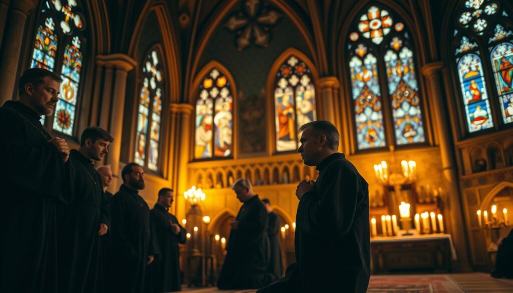 A medieval monastery bathed in warm candlelight, where a group of monks engrossed in deep contemplation, their faces illuminated by the flickering flames. In the foreground, a lone figure kneels in reverence, their hands clasped in prayer, embodying the essence of devotion and selfless love. The background reveals intricate Gothic architecture, stained glass windows casting a kaleidoscope of colors, and the faint glow of an altar, symbolizing the intertwining of spirituality and community. Captured through a wide-angle lens, this scene evokes a sense of timeless mysticism and the profound connection between the divine and the earthly realm.